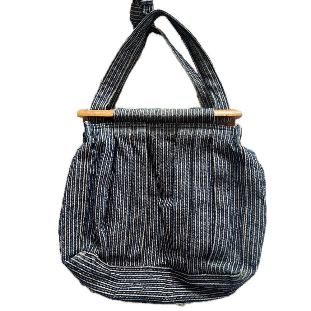 The Mouse Housery Blue Ticking Stripe Wooden Handle Tote Bag Cottagecore Handbag
